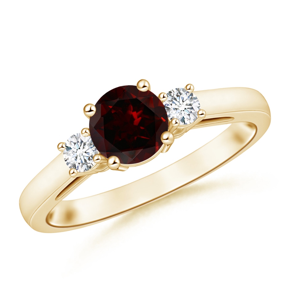 6mm A Prong-Set Round Garnet and Diamond Three Stone Engagement Ring in 18K Yellow Gold 