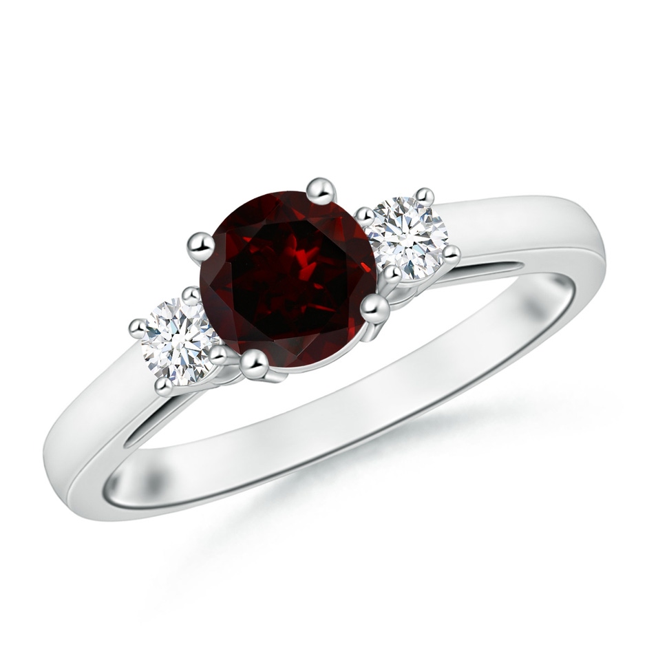 6mm A Prong-Set Round Garnet and Diamond Three Stone Engagement Ring in White Gold 