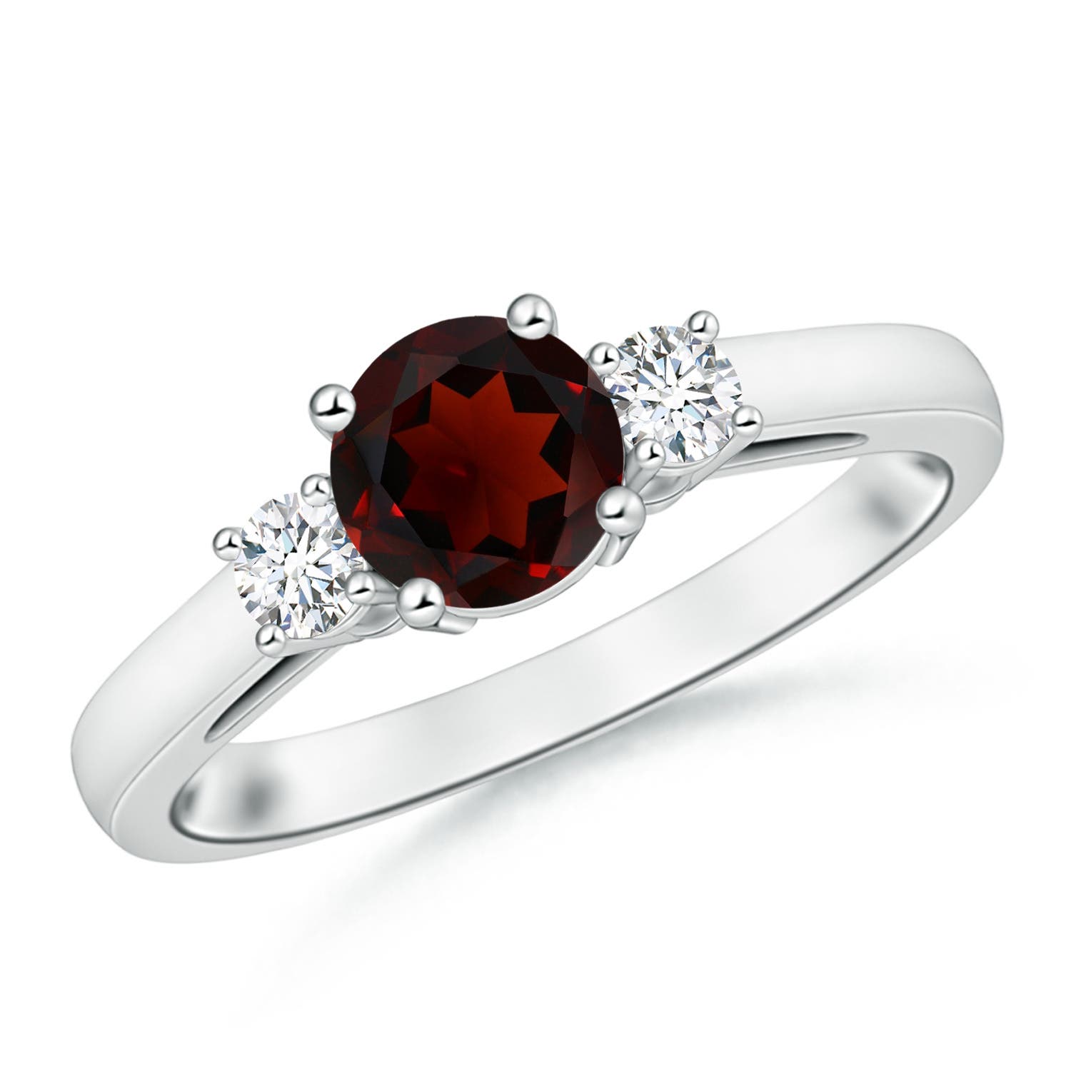 6mm AA Prong-Set Round Garnet and Diamond Three Stone Engagement Ring in P950 Platinum