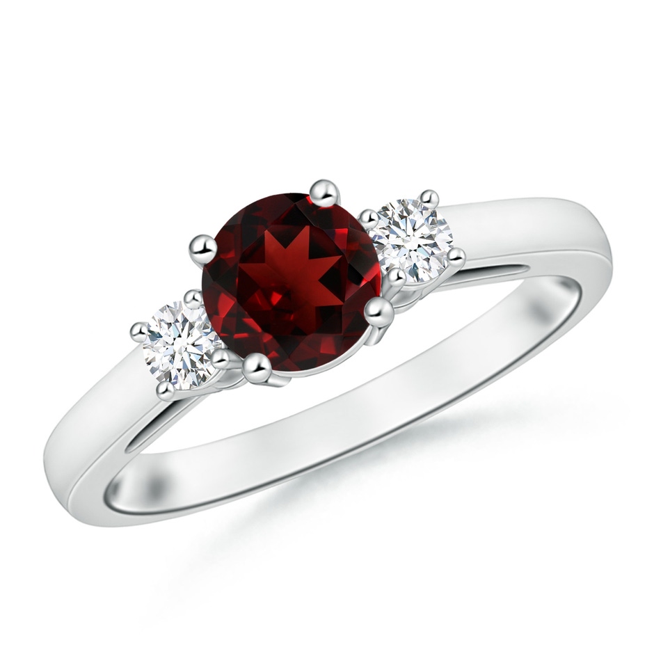 6mm AAA Prong-Set Round Garnet and Diamond Three Stone Engagement Ring in 18K White Gold 