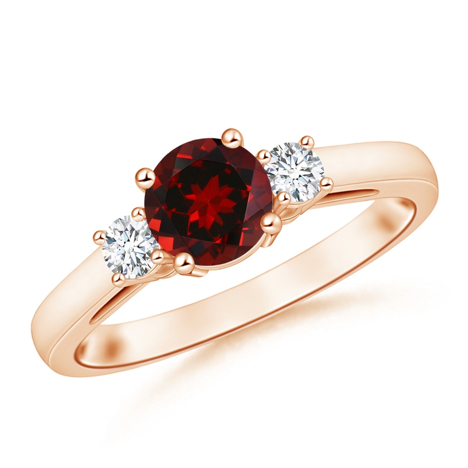6mm AAAA Prong-Set Round Garnet and Diamond Three Stone Engagement Ring in 18K Rose Gold 