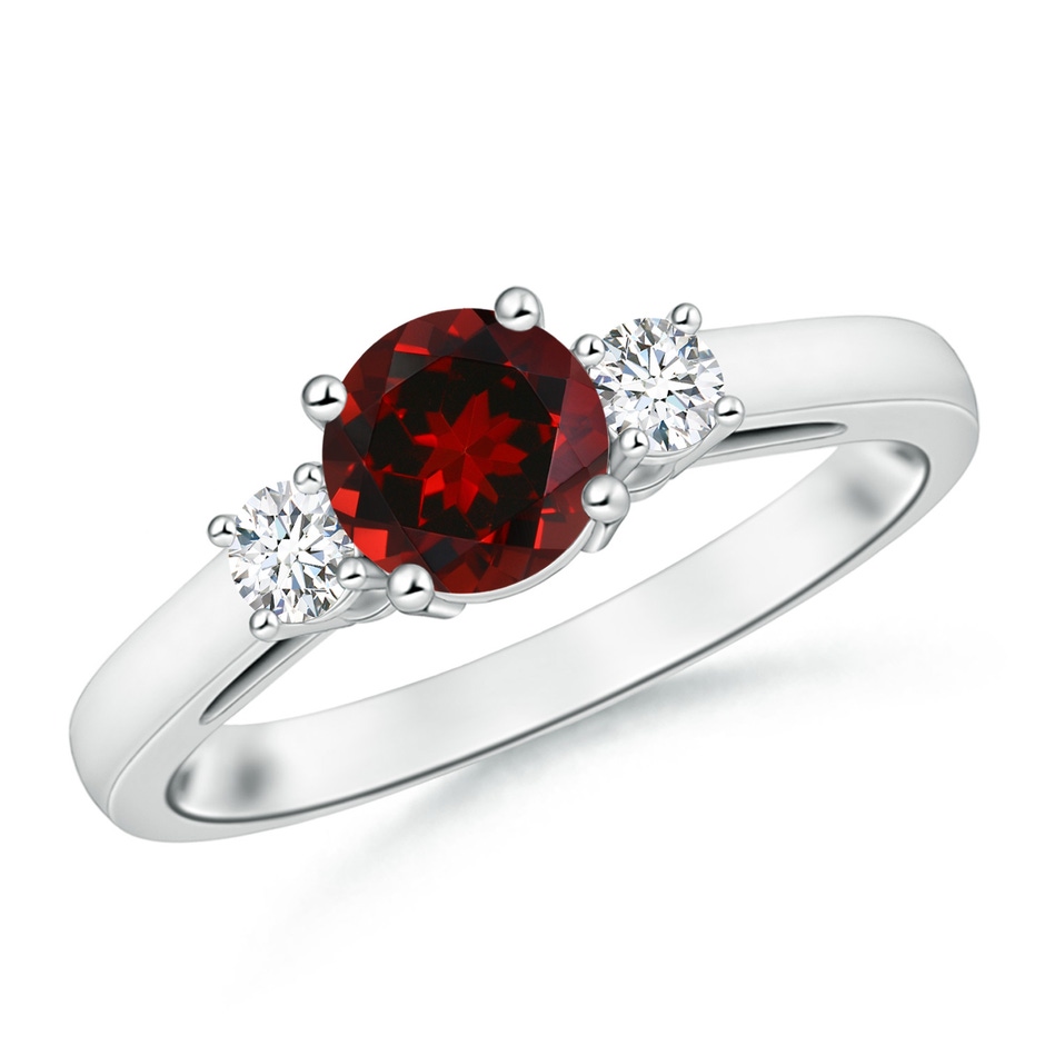 6mm AAAA Prong-Set Round Garnet and Diamond Three Stone Engagement Ring in 18K White Gold 