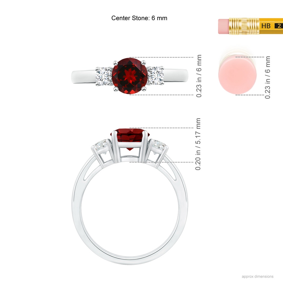 6mm AAAA Prong-Set Round Garnet and Diamond Three Stone Engagement Ring in 18K White Gold ruler