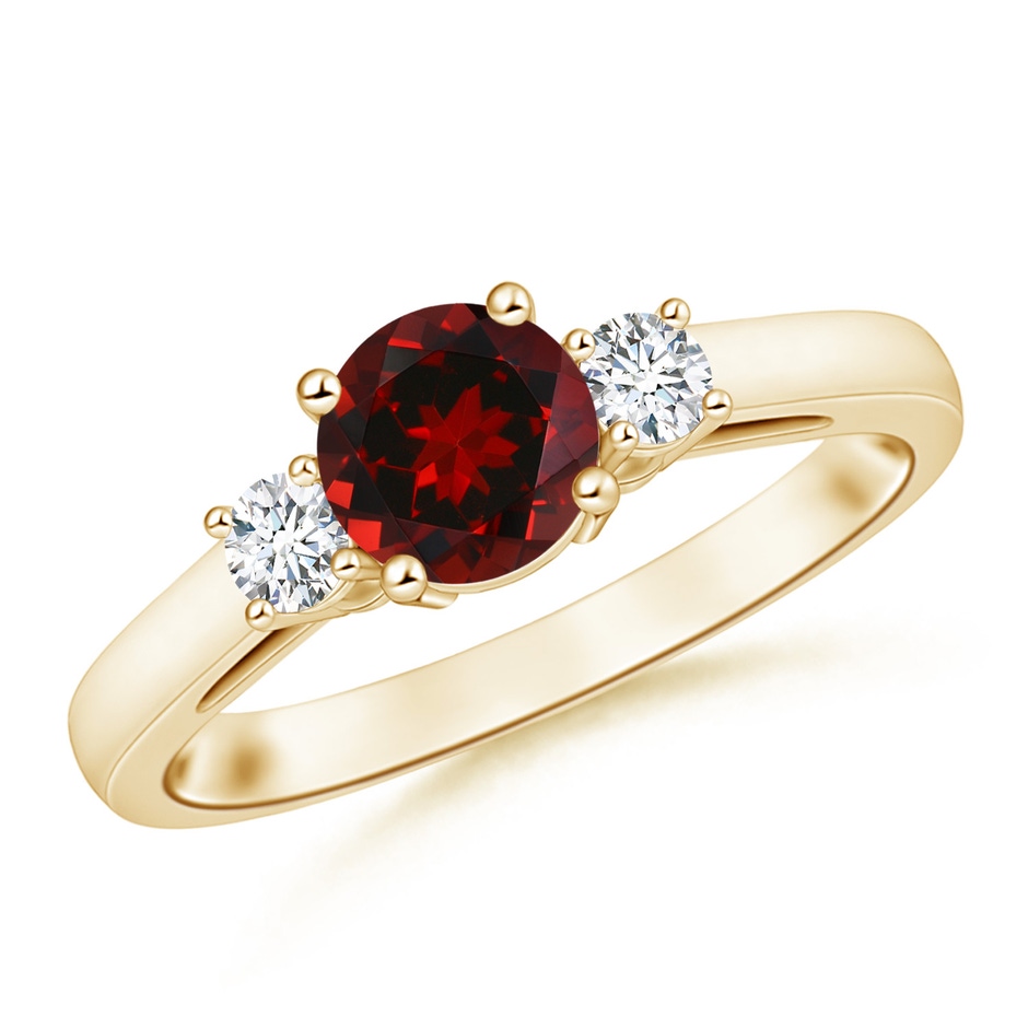 6mm AAAA Prong-Set Round Garnet and Diamond Three Stone Engagement Ring in 18K Yellow Gold 