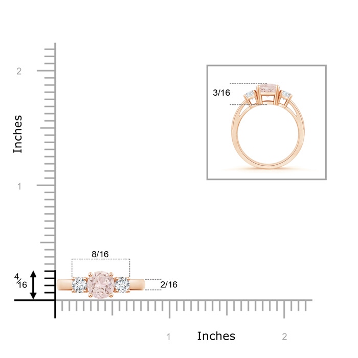 6mm A Round Morganite & Diamond Three Stone Engagement Ring in Rose Gold ruler