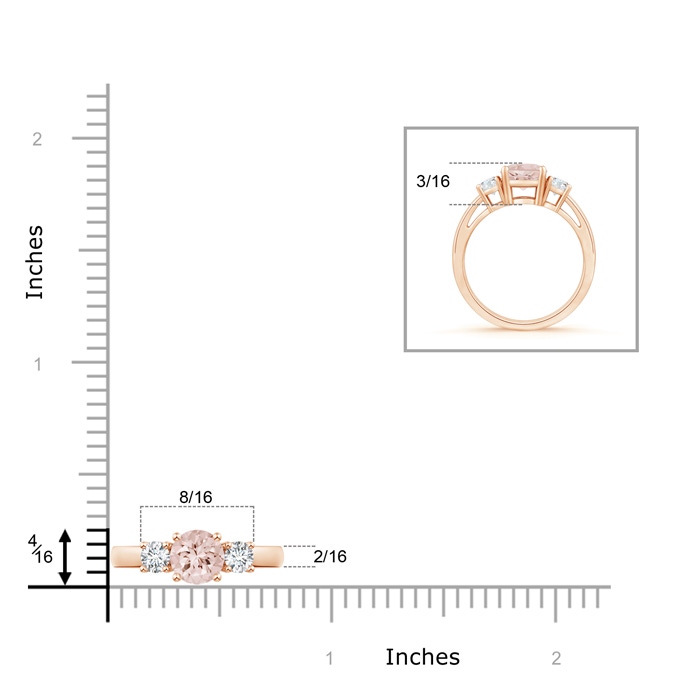 6mm AA Round Morganite & Diamond Three Stone Engagement Ring in Rose Gold ruler