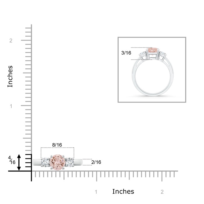 6mm AAA Round Morganite & Diamond Three Stone Engagement Ring in White Gold ruler