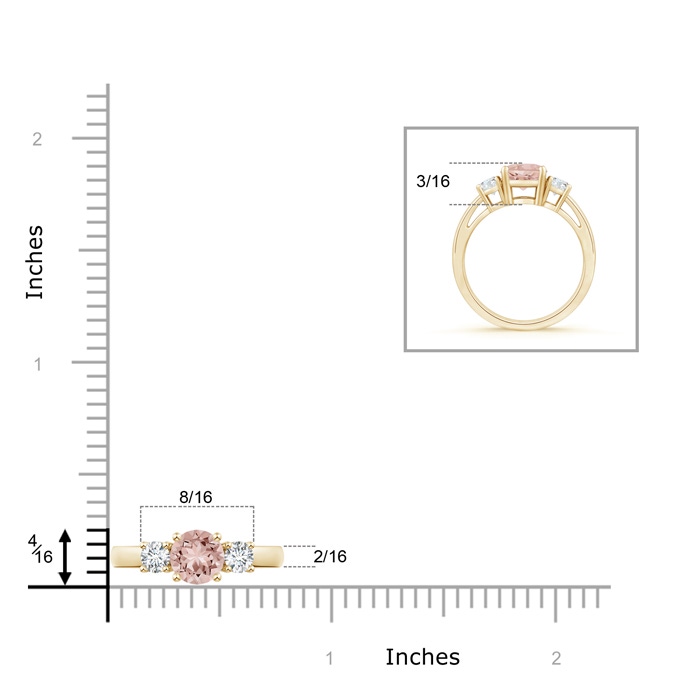 6mm AAAA Round Morganite & Diamond Three Stone Engagement Ring in Yellow Gold ruler
