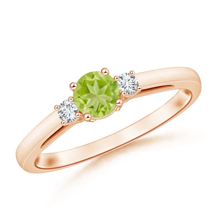 5mm AA Round Peridot & Diamond Three Stone Engagement Ring in Rose Gold 