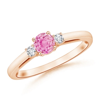 5mm A Round Pink Sapphire & Diamond Three Stone Engagement Ring in Rose Gold