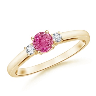 5mm AAA Round Pink Sapphire & Diamond Three Stone Engagement Ring in Yellow Gold