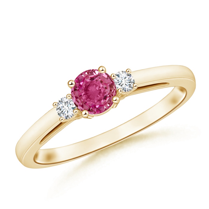 5mm AAAA Round Pink Sapphire & Diamond Three Stone Engagement Ring in Yellow Gold