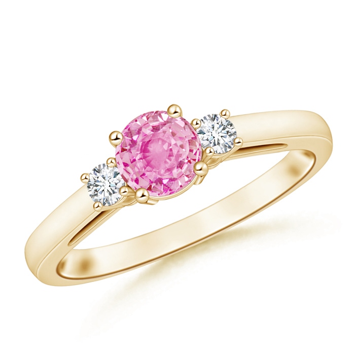 6mm A Round Pink Sapphire & Diamond Three Stone Engagement Ring in Yellow Gold 