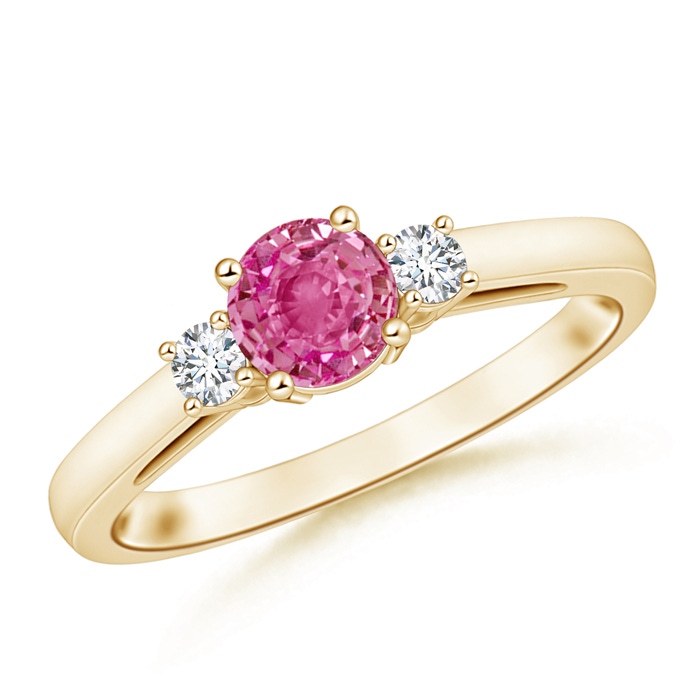 6mm AAA Round Pink Sapphire & Diamond Three Stone Engagement Ring in Yellow Gold 