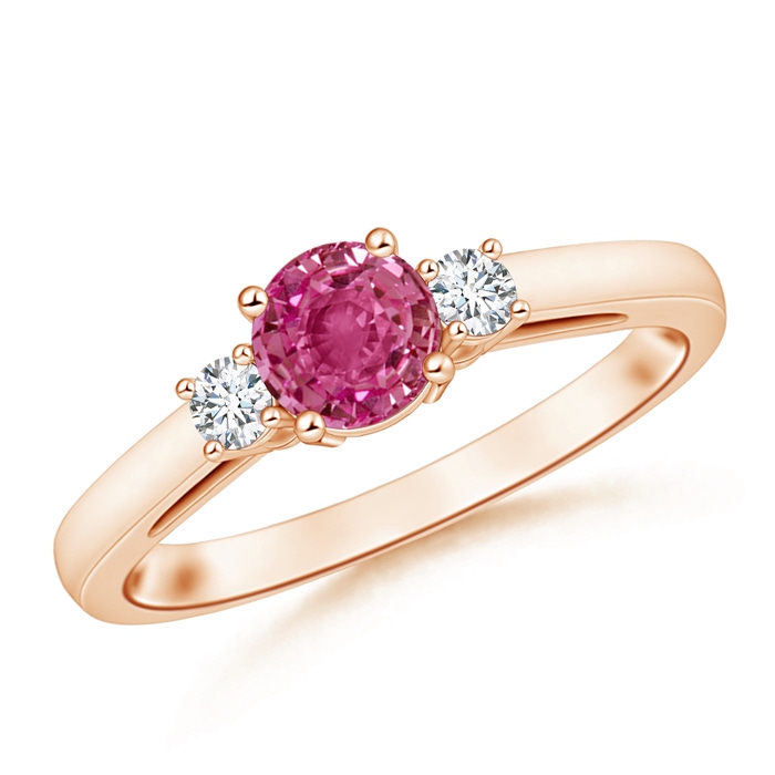 6mm AAAA Round Pink Sapphire & Diamond Three Stone Engagement Ring in Rose Gold 