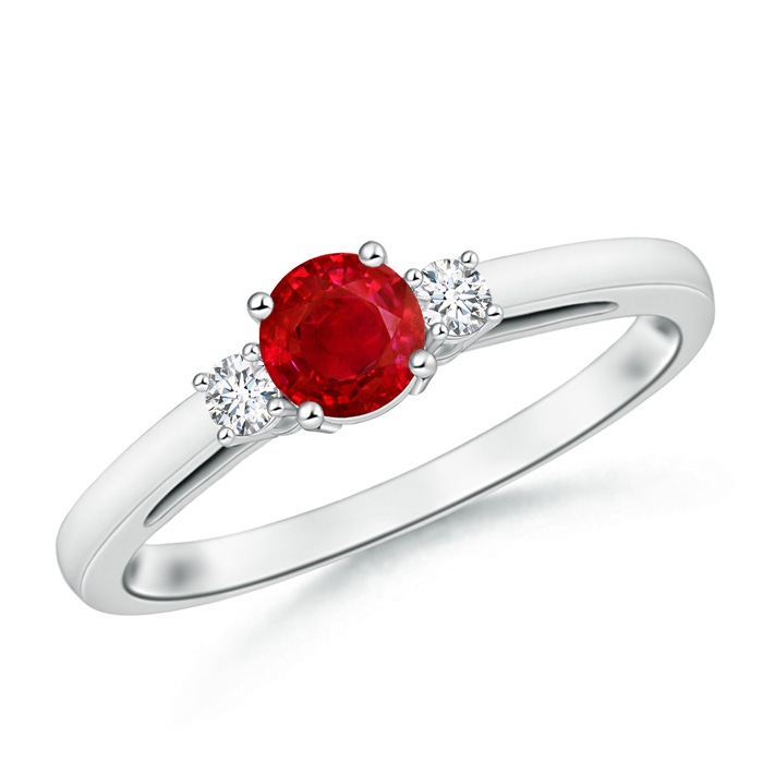 5mm AAA Round Ruby & Diamond Three Stone Engagement Ring in White Gold