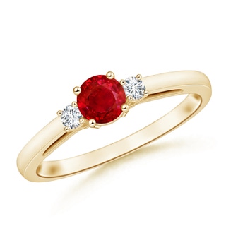 5mm AAA Round Ruby & Diamond Three Stone Engagement Ring in Yellow Gold
