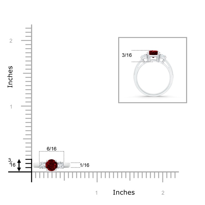 5mm Lab-Grown Round Ruby & Diamond Three Stone Engagement Ring in White Gold ruler