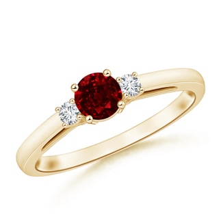 5mm AAAA Round Ruby & Diamond Three Stone Engagement Ring in Yellow Gold