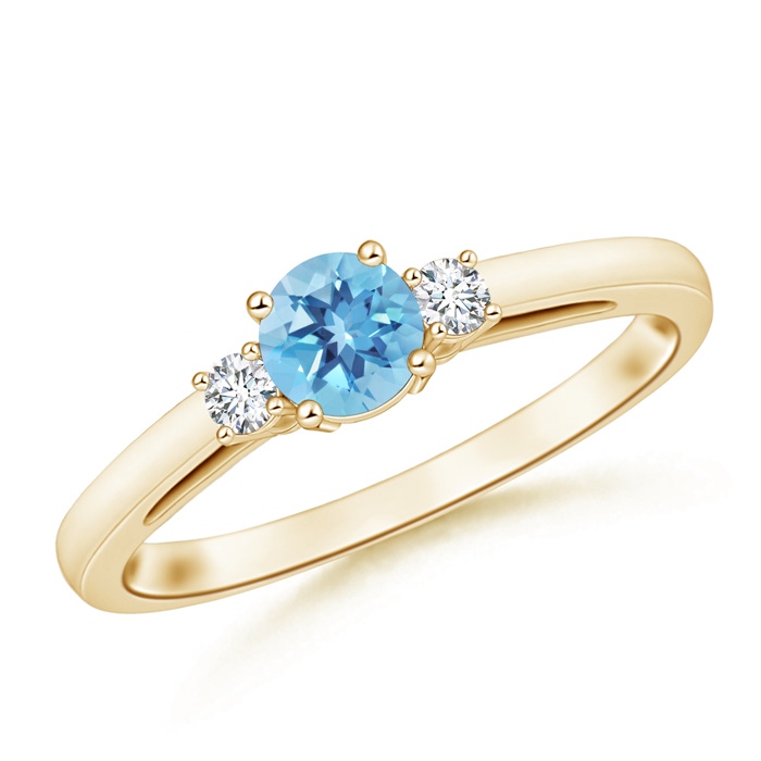 5mm A Round Swiss Blue Topaz & Diamond Three Stone Engagement Ring in Yellow Gold 