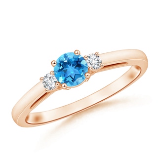 5mm AAA Round Swiss Blue Topaz & Diamond Three Stone Engagement Ring in Rose Gold