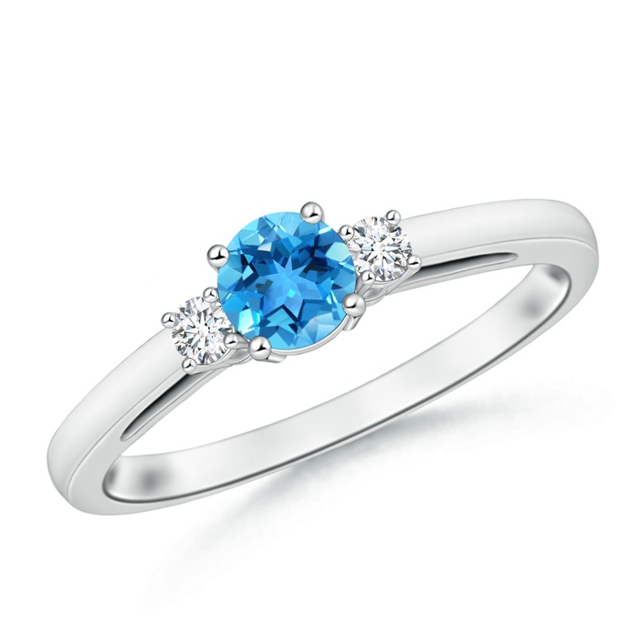 5mm AAA Round Swiss Blue Topaz & Diamond Three Stone Engagement Ring in White Gold