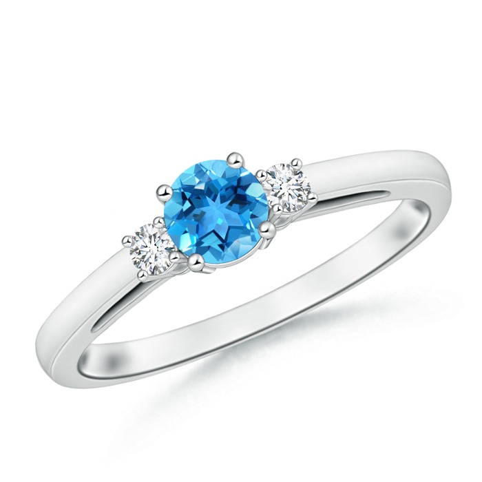 5mm AAA Round Swiss Blue Topaz & Diamond Three Stone Engagement Ring in White Gold 