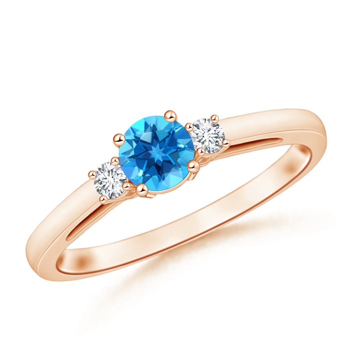 5mm AAAA Round Swiss Blue Topaz & Diamond Three Stone Engagement Ring in Rose Gold