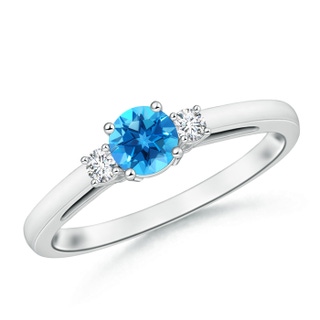 5mm AAAA Round Swiss Blue Topaz & Diamond Three Stone Engagement Ring in White Gold