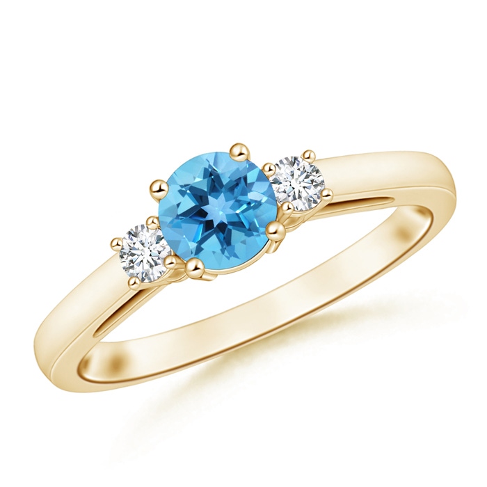 6mm AA Round Swiss Blue Topaz & Diamond Three Stone Engagement Ring in Yellow Gold 
