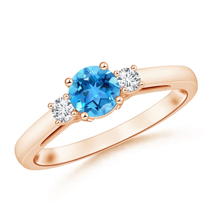 6mm AAA Round Swiss Blue Topaz & Diamond Three Stone Engagement Ring in Rose Gold 