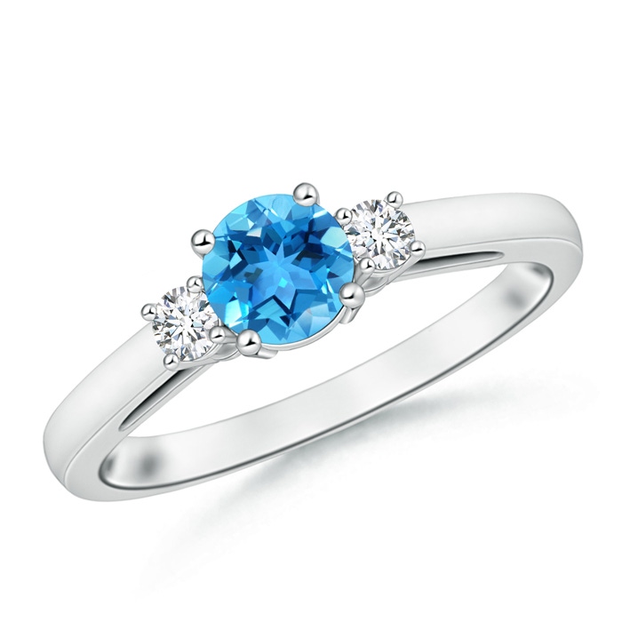 6mm AAA Round Swiss Blue Topaz & Diamond Three Stone Engagement Ring in White Gold 