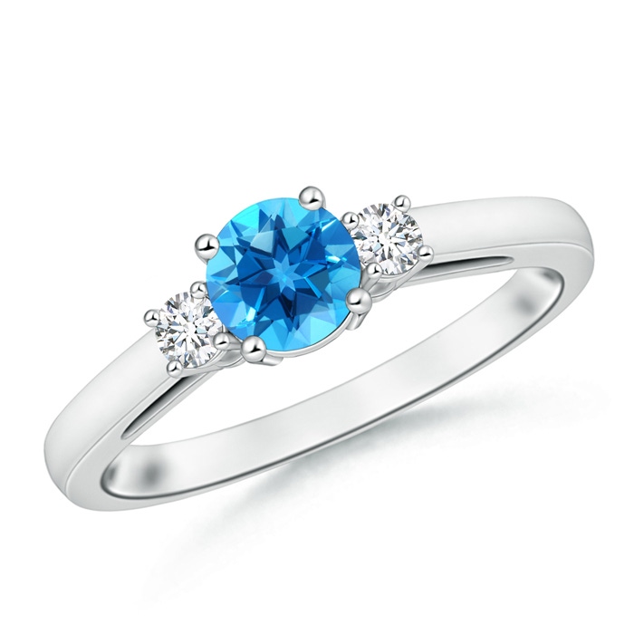 6mm AAAA Round Swiss Blue Topaz & Diamond Three Stone Engagement Ring in P950 Platinum