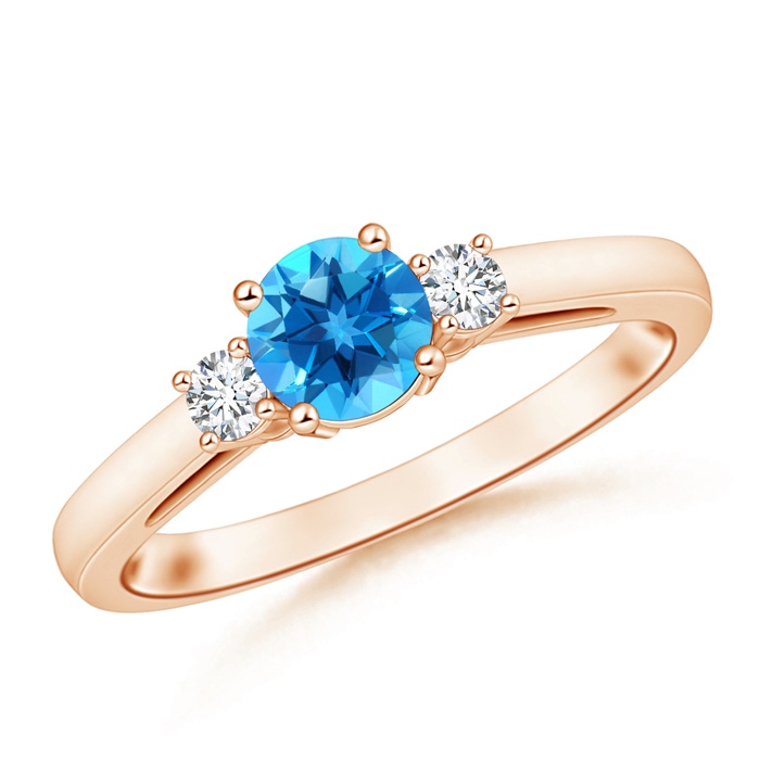 6mm AAAA Round Swiss Blue Topaz & Diamond Three Stone Engagement Ring in Rose Gold 