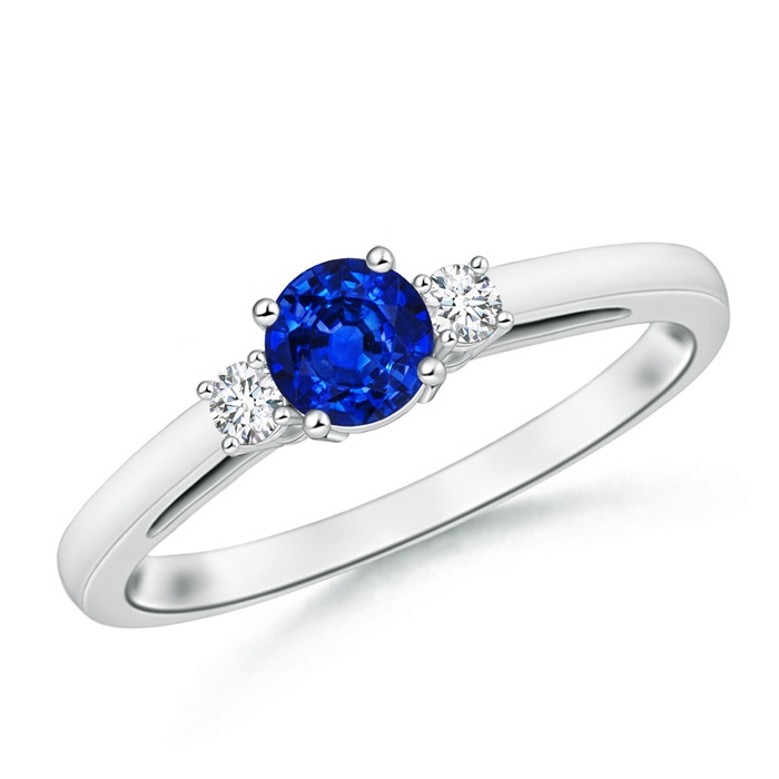 5mm AAAA Round Sapphire & Diamond Three Stone Engagement Ring in White Gold