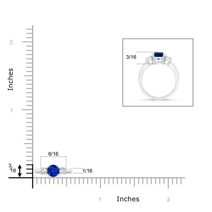 5mm Lab-Grown Round Sapphire & Diamond Three Stone Engagement Ring in White Gold ruler