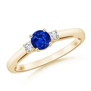 5mm AAAA Round Sapphire & Diamond Three Stone Engagement Ring in Yellow Gold