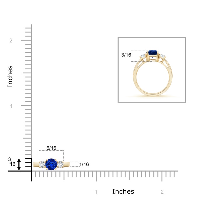 5mm Lab-Grown Round Sapphire & Diamond Three Stone Engagement Ring in Yellow Gold ruler