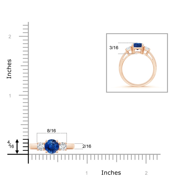 6mm AAA Round Sapphire & Diamond Three Stone Engagement Ring in Rose Gold Ruler