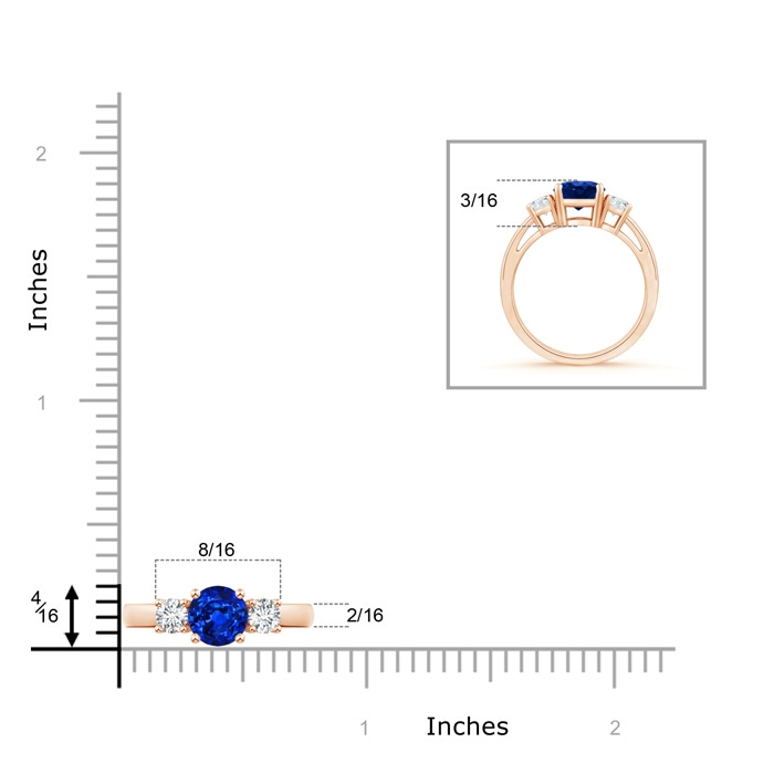 6mm AAAA Round Sapphire & Diamond Three Stone Engagement Ring in Rose Gold Ruler