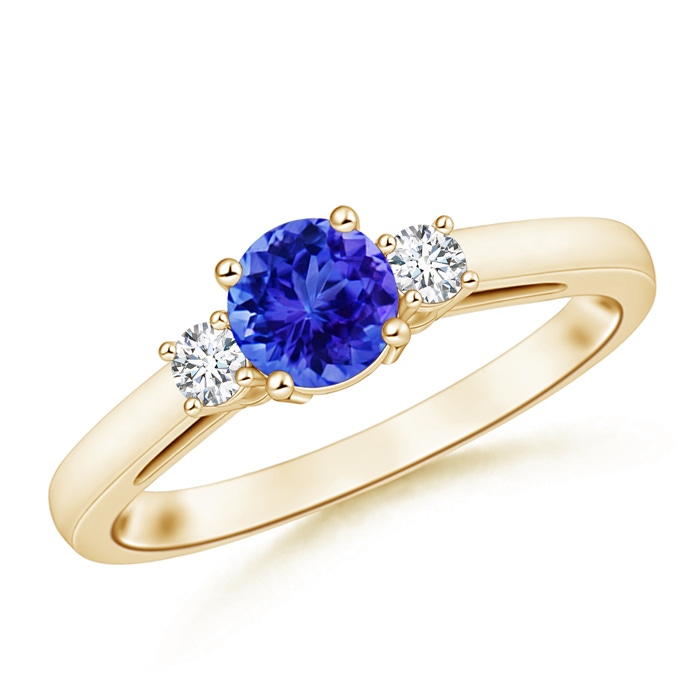 6mm AAA Round Tanzanite & Diamond Three Stone Engagement Ring in Yellow Gold