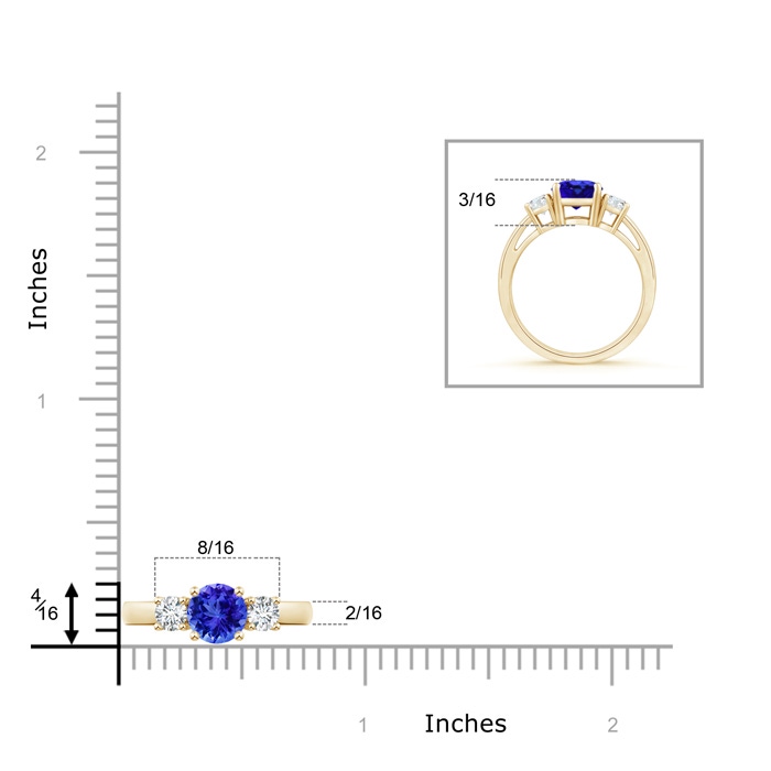 6mm AAA Round Tanzanite & Diamond Three Stone Engagement Ring in Yellow Gold ruler