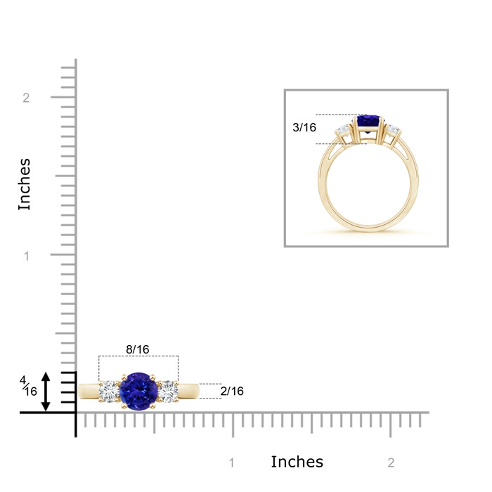 6mm AAAA Round Tanzanite & Diamond Three Stone Engagement Ring in Yellow Gold ruler