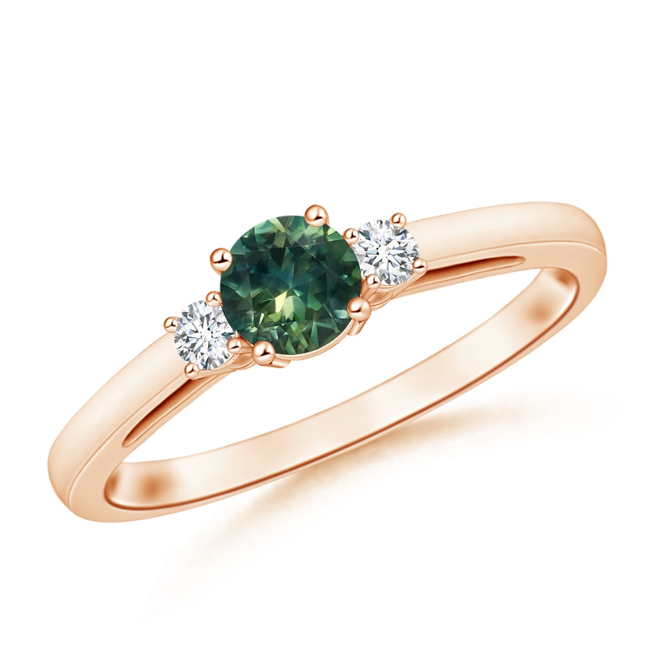 5mm AA Round Teal Montana Sapphire & Diamond Three Stone Engagement Ring in Rose Gold 