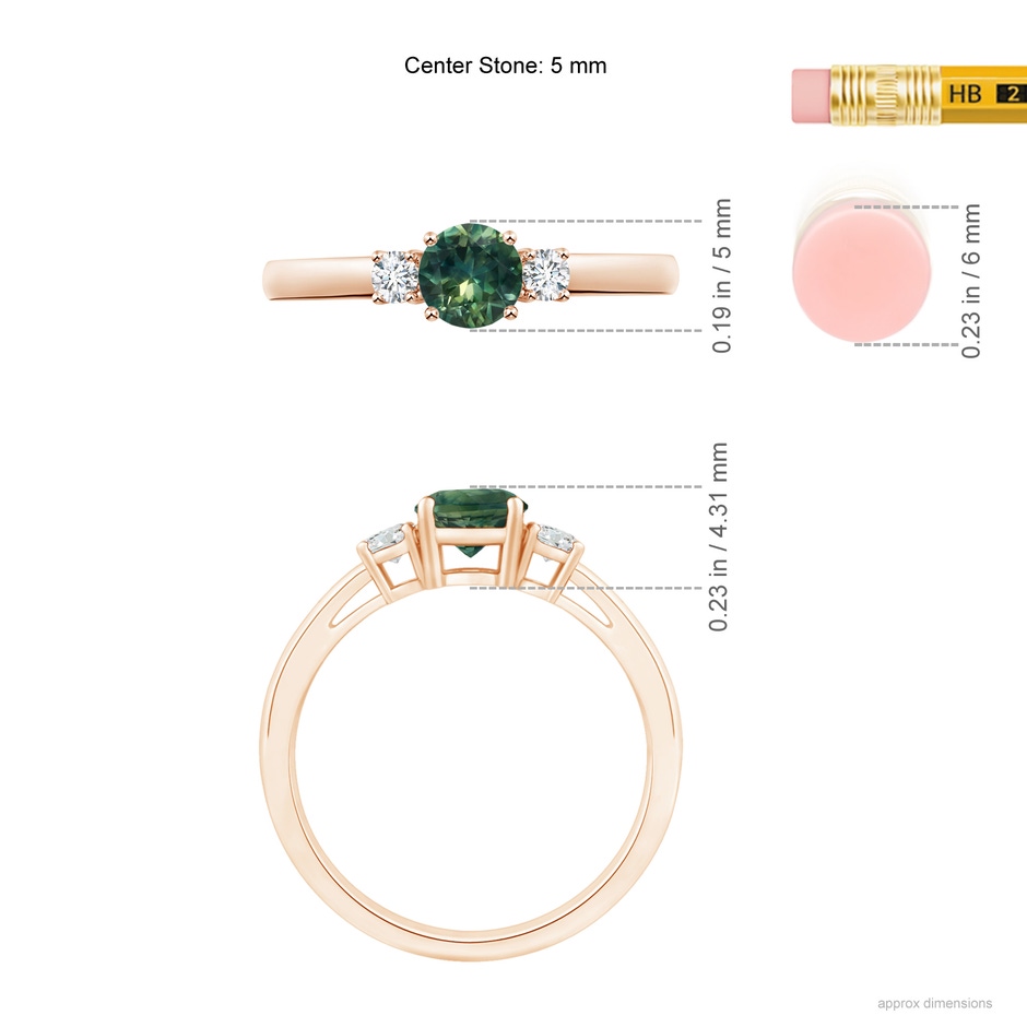 5mm AA Round Teal Montana Sapphire & Diamond Three Stone Engagement Ring in Rose Gold ruler