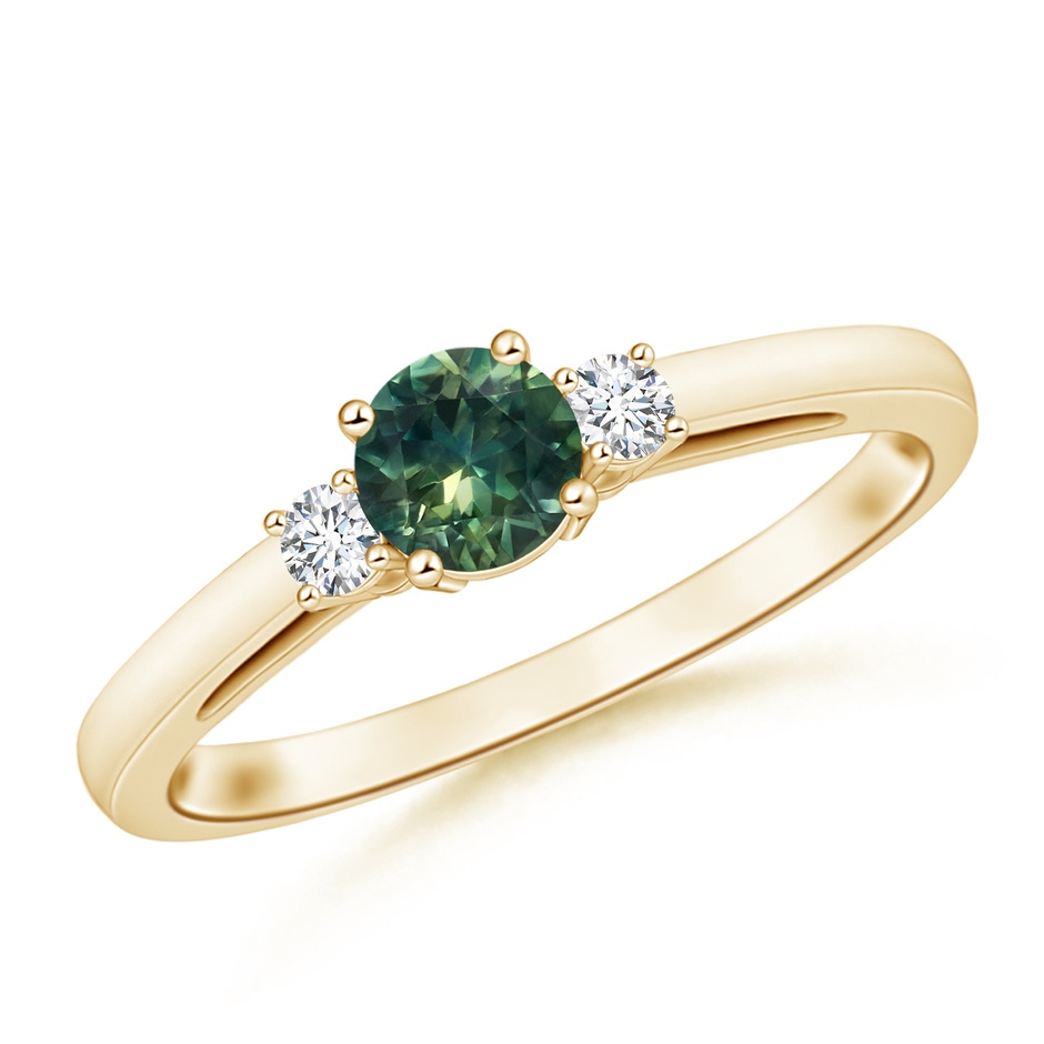 5mm AA Round Teal Montana Sapphire & Diamond Three Stone Engagement Ring in Yellow Gold 