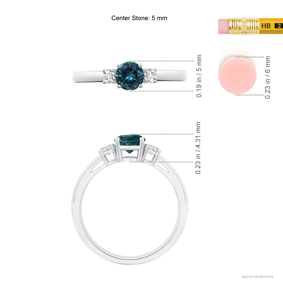 5mm AAA Round Teal Montana Sapphire & Diamond Three Stone Engagement Ring in 18K White Gold ruler