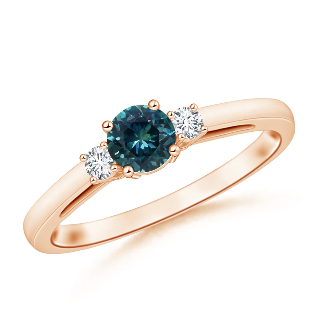 5mm AAA Round Teal Montana Sapphire & Diamond Three Stone Engagement Ring in Rose Gold