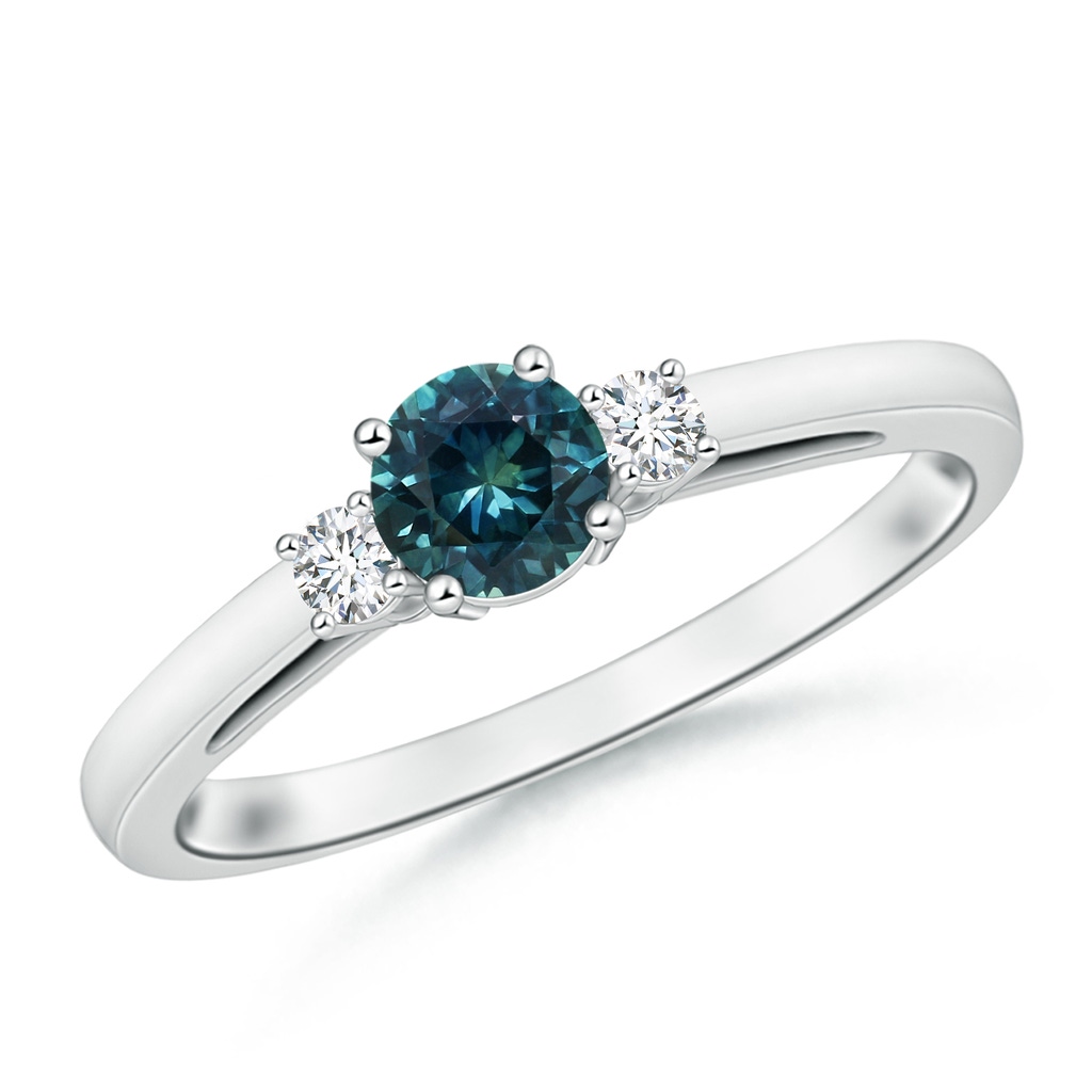 5mm AAA Round Teal Montana Sapphire & Diamond Three Stone Engagement Ring in White Gold