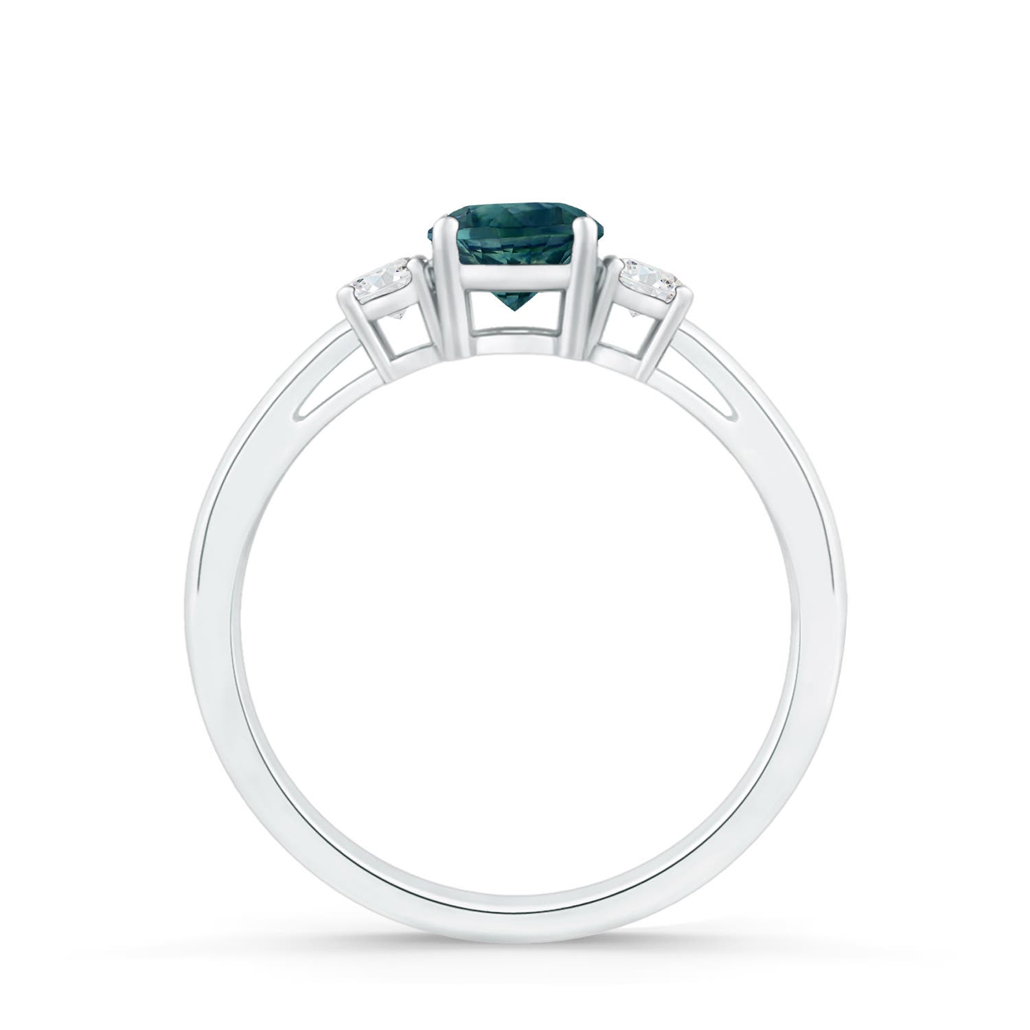 5mm AAA Round Teal Montana Sapphire & Diamond Three Stone Engagement Ring in White Gold - side 2
